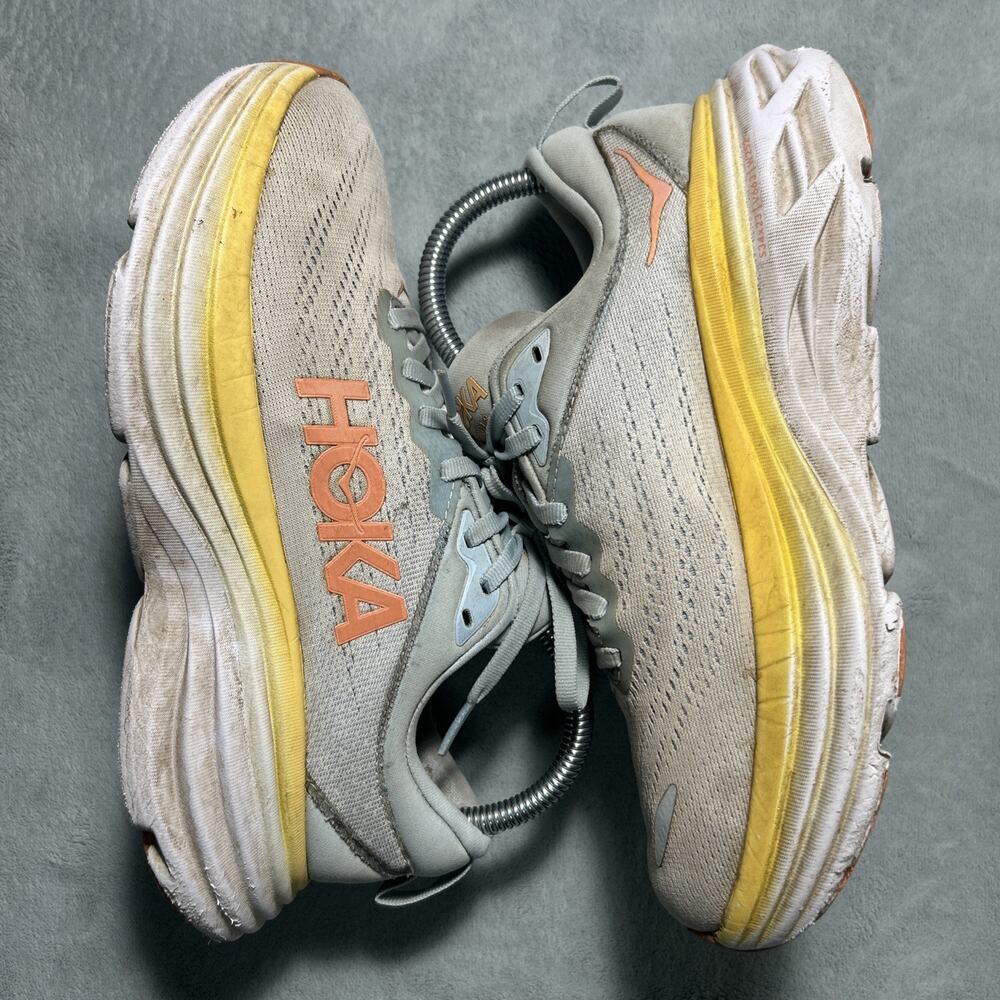 Hoka One One Bondi 8 Shoes Women 6.5 Blue Wide Toe Running Barefoot Trail Yellow
